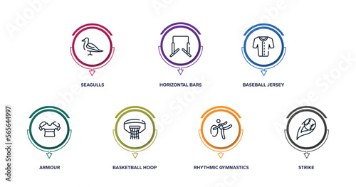 baseball outline icons with infographic template. thin line icons such as seagulls, horizontal bars, baseball jersey, armour, basketball hoop, rhythmic gymnastics, strike vector.