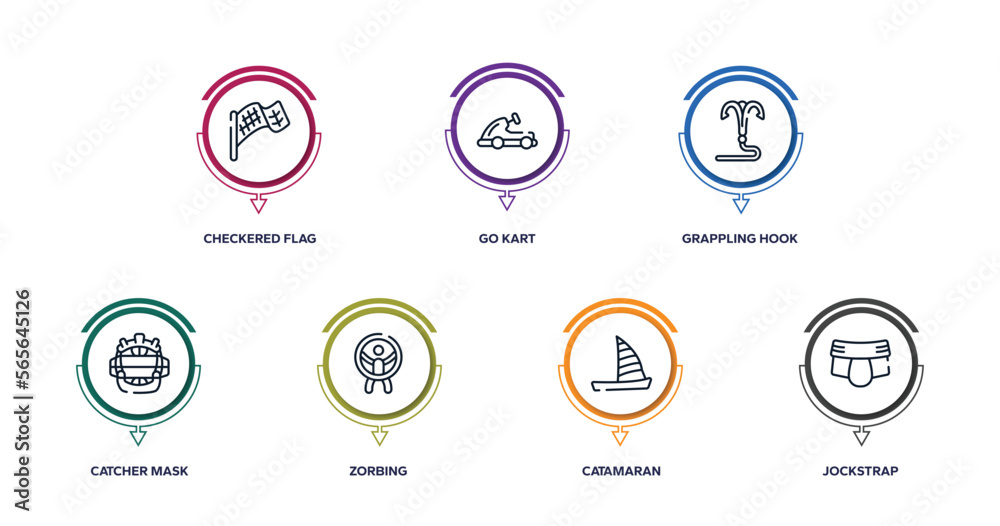 martial arts outline icons with infographic template. thin line icons such as checkered flag, go kart, grappling hook, catcher mask, zorbing, catamaran, jockstrap vector. martial arts outline icons with infographic template. thin line icons such as checkered flag, go kart, grappling hook, catcher mask, zorbing, catamaran, jockstrap vector.
