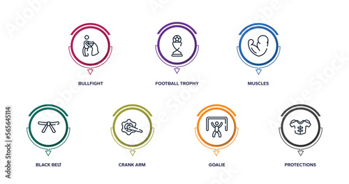 american football outline icons with infographic template. thin line icons such as bullfight, football trophy, muscles, black belt, crank arm, goalie, protections vector.