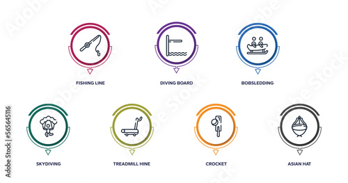 martial arts outline icons with infographic template. thin line icons such as fishing line, diving board, bobsledding, skydiving, treadmill hine, crocket, asian hat vector.