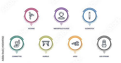 diving outline icons with infographic template. thin line icons such as kicking, waterpolo player, glowstick, committee, hurdle, apex, led strobe vector.