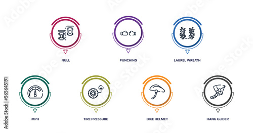 adventure sports outline icons with infographic template. thin line icons such as null, punching, laurel wreath, mph, tire pressure, bike helmet, hang glider vector.