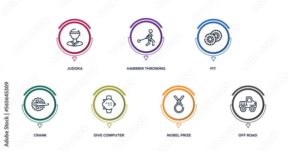 adventure sports outline icons with infographic template. thin line icons such as judoka, hammer throwing, pit, crank, dive computer, nobel prize, off road vector. adventure sports outline icons with infographic template. thin line icons such as judoka, hammer throwing, pit, crank, dive computer, nobel prize, off road vector.
