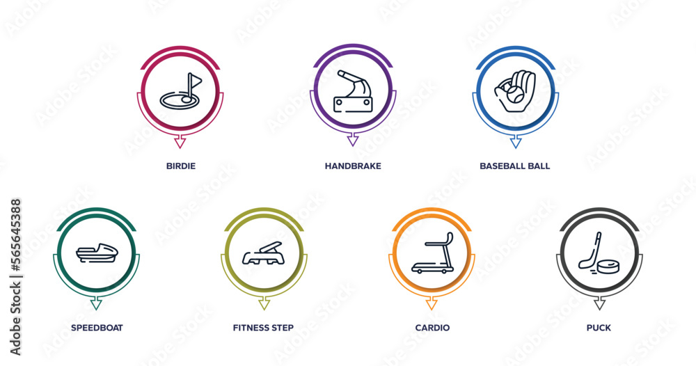 winter sports outline icons with infographic template. thin line icons such as birdie, handbrake, baseball ball, speedboat, fitness step, cardio, puck vector. winter sports outline icons with infographic template. thin line icons such as birdie, handbrake, baseball ball, speedboat, fitness step, cardio, puck vector.