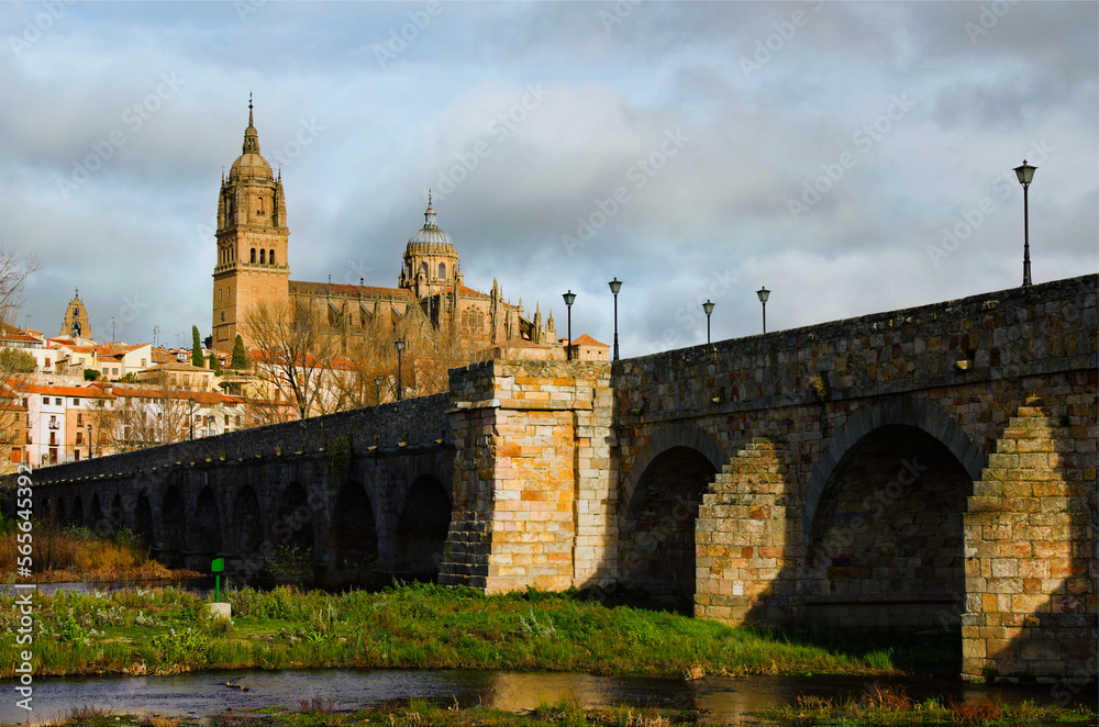 Obraz premium Picturesque cityscape of medieval Salamanca. View of ancient roman bridge and Cathedral Nueva de Salamanca in the background. Popular travel destination in Spain