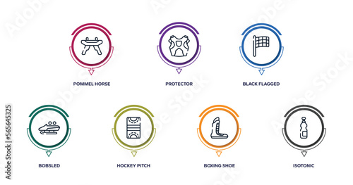 sports outline icons with infographic template. thin line icons such as pommel horse, protector, black flagged, bobsled, hockey pitch, boxing shoe, isotonic vector.