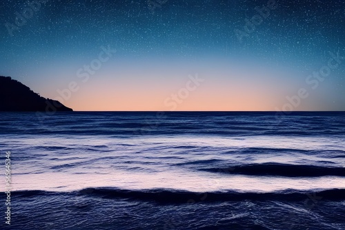 This photo illustration of the ocean in the deep blue moonlight at night with calm waves would make a great travel background for any coastal area or vacation - generative ai © unalcreative