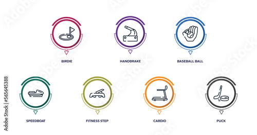 winter sports outline icons with infographic template. thin line icons such as birdie, handbrake, baseball ball, speedboat, fitness step, cardio, puck vector.