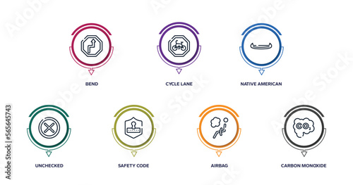 safety outline icons with infographic template. thin line icons such as bend, cycle lane, native american canoe, unchecked, safety code, airbag, carbon monoxide vector.