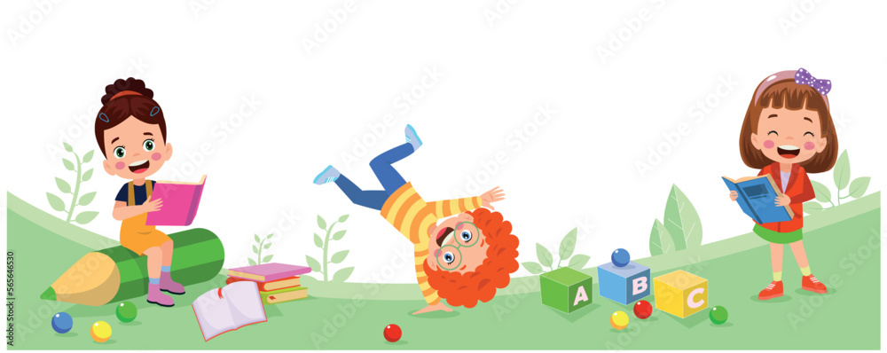 Fototapeta premium Crowd children cartoon with blank sign