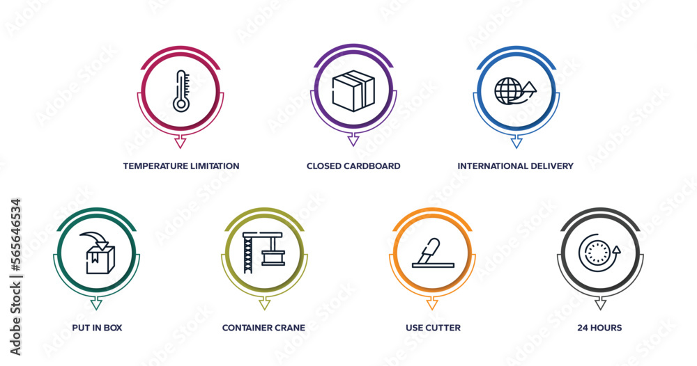 logistics delivery outline icons with infographic template. thin line icons such as temperature limitation, closed cardboard box, international delivery, put in box, container crane, use cutter, 24 logistics delivery outline icons with infographic template. thin line icons such as temperature limitation, closed cardboard box, international delivery, put in box, container crane, use cutter, 24