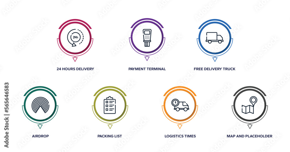shipping and handly outline icons with infographic template. thin line icons such as 24 hours delivery, payment terminal, free delivery truck, airdrop, packing list, logistics times, map and shipping and handly outline icons with infographic template. thin line icons such as 24 hours delivery, payment terminal, free delivery truck, airdrop, packing list, logistics times, map and