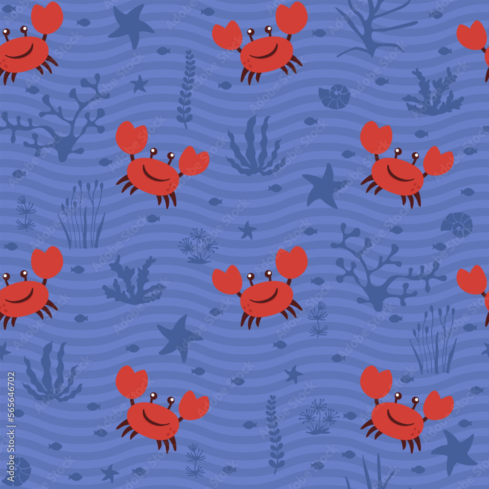 Cute cheerful crab with sea shells and coral vector seamless pattern.