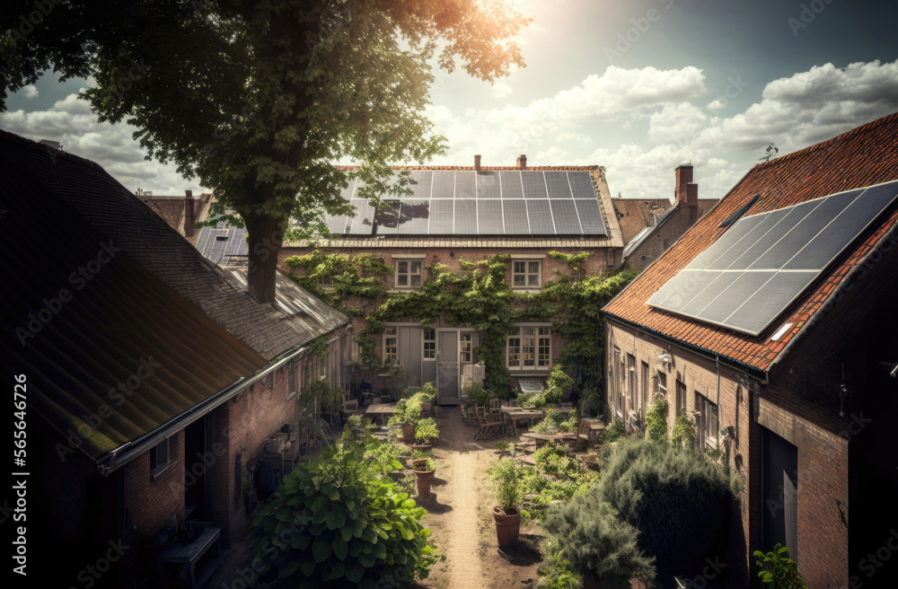Solar panels on the roof of a European house. Photovoltaic. Photovoltaic panels. Energy autonomy. Electrical autonomy. Illustration created with Generative AI.