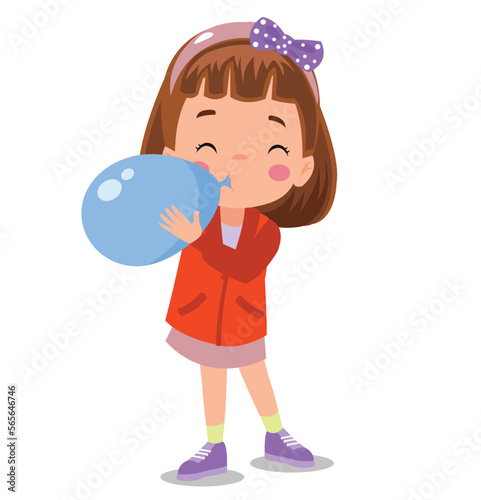 little kid standing and blowing a balloon