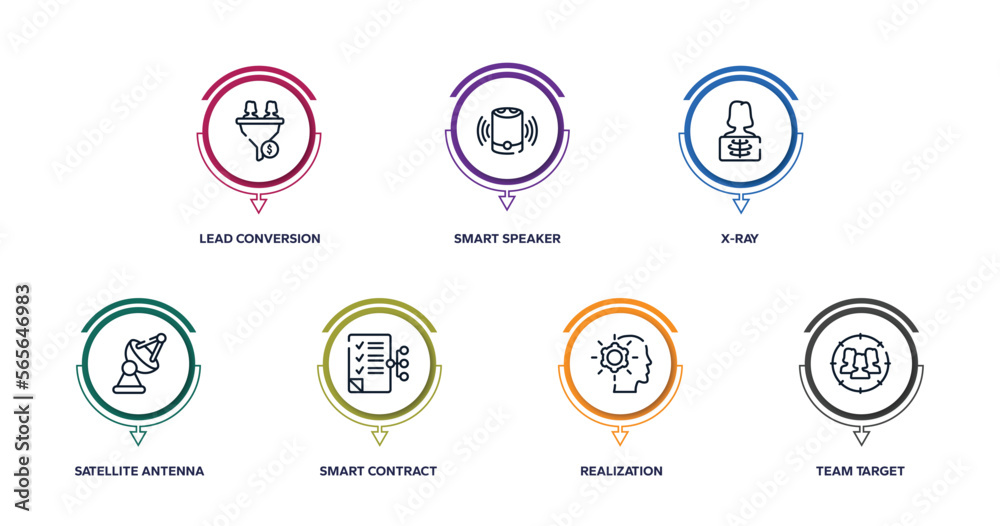 general outline icons with infographic template. thin line icons such as lead conversion, smart speaker, x-ray, satellite antenna, smart contract, realization, team target vector. general outline icons with infographic template. thin line icons such as lead conversion, smart speaker, x-ray, satellite antenna, smart contract, realization, team target vector.