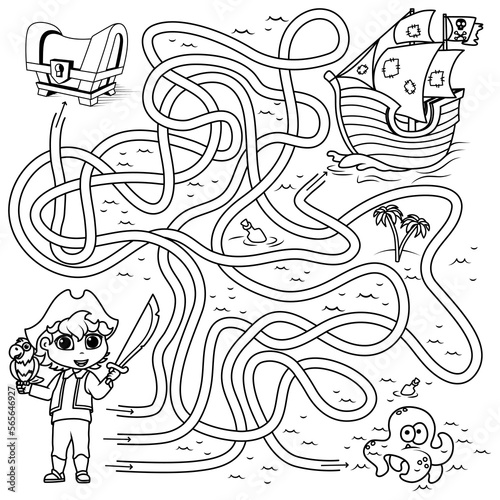 Puzzle for children. Labyrinth. Coloring the outline of the labyrinth in which you need to help the pirate find the way to the ship. Coloring book for children.