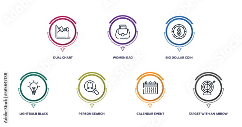 business and finance outline icons with infographic template. thin line icons such as dual chart, women bag, big dollar coin, lightbulb black tool shape, person search, calendar event, target with