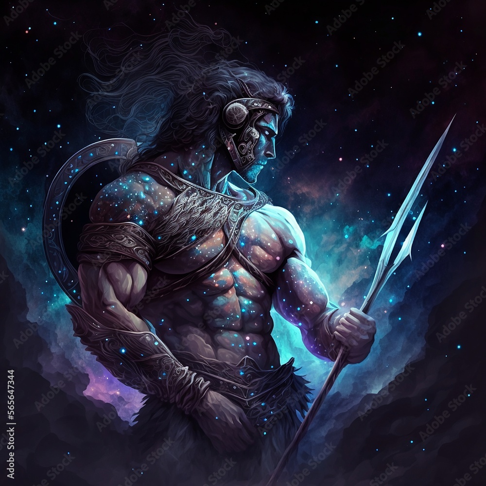 The strongest warrior with a spear. Against the background of the night sky with galaxies flowing with generative AI The strongest warrior with a spear. Against the background of the night sky with galaxies flowing with generative AI