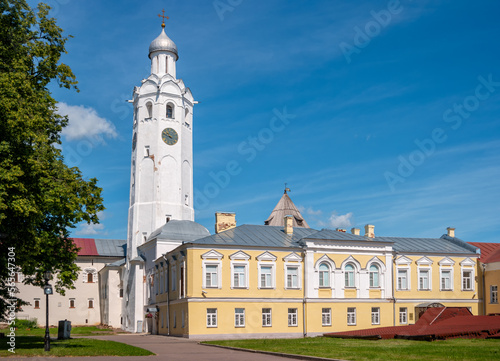 Clock tower of the Novgorod Kremlin. Buildings on the territory of the fortress of Veliky Novgorod.