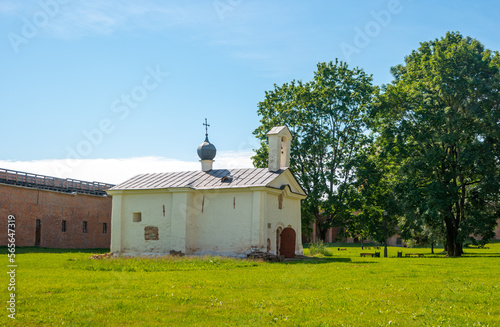 Church of Andrew Stratilat on the territory of the Novgorod Kremlin. The park in Veliky Novgorod, Russia. photo