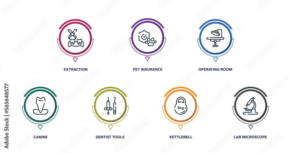 health outline icons with infographic template. thin line icons such as extraction, pet insurance, operating room, canine, dentist tools, kettlebell, lab microscope vector. health outline icons with infographic template. thin line icons such as extraction, pet insurance, operating room, canine, dentist tools, kettlebell, lab microscope vector.