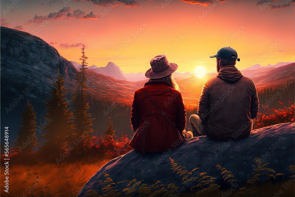Obraz premium A Sunset to Remember: Happy Couple Watches Nature's Beauty Unfold