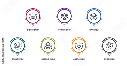 emoji outline icons with infographic template. thin line icons such as excited emoji, worried emoji, liar crying hugging angry quiet vector.