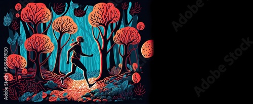 Person in a trippy forest with vibrant colours, generative ai