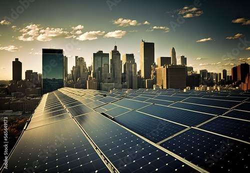 Solar panels with a big city and skyscrapers in the background, generative ai