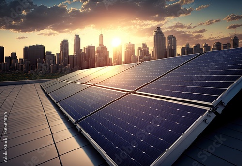 solar panels on the roof with a big city with skyscrapers in the background, green energy for the urban areas, generative ai