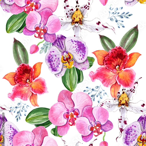  Watercolor orchids in a seamless pattern. Can be used as fabric  wallpaper  wrap.