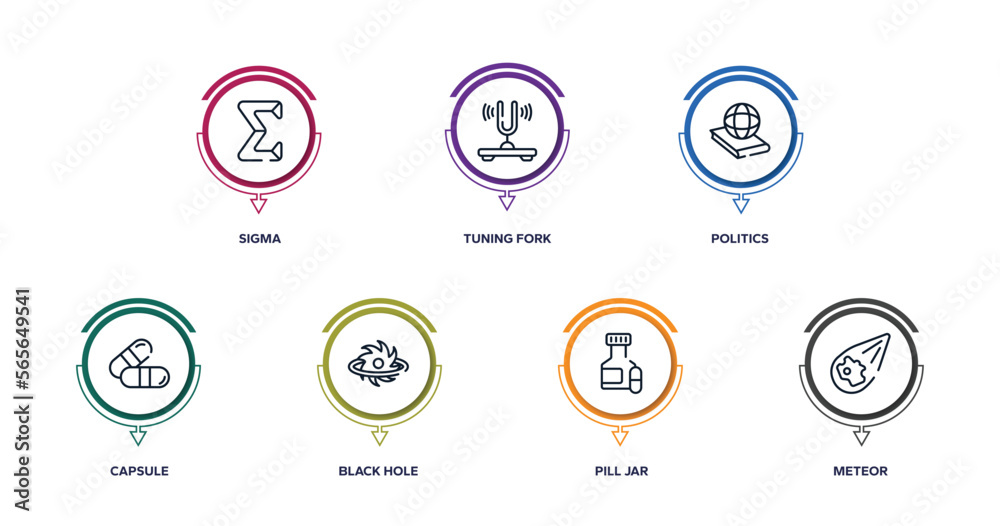 science outline icons with infographic template. thin line icons such as sigma, tuning fork, politics, capsule, black hole, pill jar, meteor vector. science outline icons with infographic template. thin line icons such as sigma, tuning fork, politics, capsule, black hole, pill jar, meteor vector.