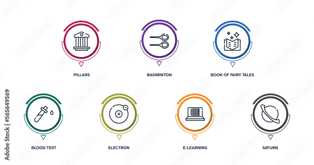 high school outline icons with infographic template. thin line icons such as pillars, badminton, book of fairy tales, blood test, electron, e-learning, saturn vector. high school outline icons with infographic template. thin line icons such as pillars, badminton, book of fairy tales, blood test, electron, e-learning, saturn vector.
