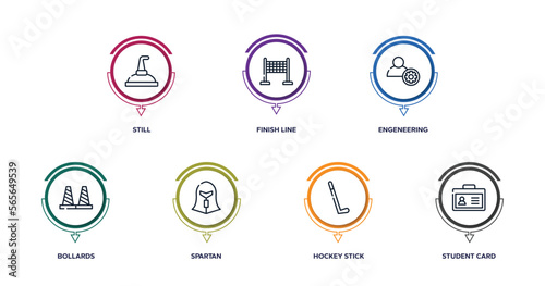college outline icons with infographic template. thin line icons such as still, finish line, engeneering, bollards, spartan, hockey stick, student card vector.