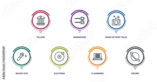 high school outline icons with infographic template. thin line icons such as pillars, badminton, book of fairy tales, blood test, electron, e-learning, saturn vector.