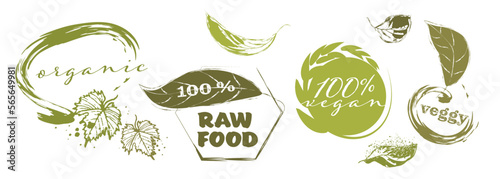 Big collection of bio  vegan  organic  raw  eco and healthy logos  labels  icons and badges. Hand drawn vector set. Colored trendy illustration. Great effect structure. Universally usable.
