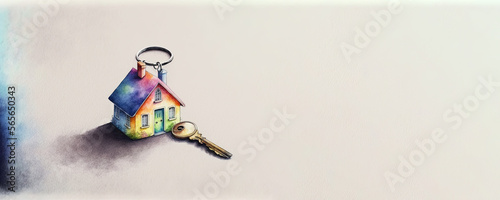 Congratulations with your new House - House Key Chain with copy space - Watercolor (Generative AI Art)