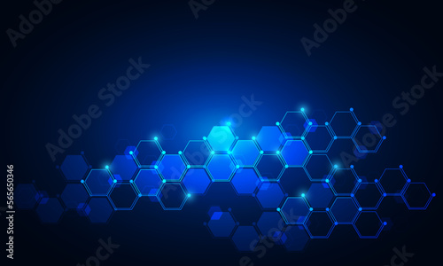 Abstract blue technology connect concept geometric hexagons pattern with glowing light and blank space on dark background vector
