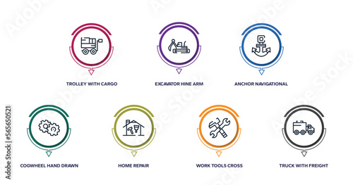 constructicons outline icons with infographic template. thin line icons such as trolley with cargo, excavator hine arm, anchor navigational tool, cogwheel hand drawn tool, home repair, work tools