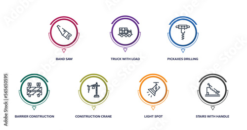 constructicons outline icons with infographic template. thin line icons such as band saw, truck with load, pickaxes drilling, barrier construction limit tool, construction crane hine, light spot,