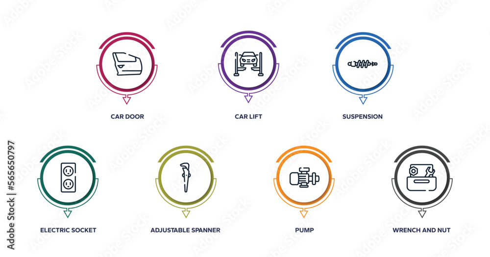 toolbox outline icons with infographic template. thin line icons such as car door, car lift, suspension, electric socket, adjustable spanner, pump, wrench and nut vector. toolbox outline icons with infographic template. thin line icons such as car door, car lift, suspension, electric socket, adjustable spanner, pump, wrench and nut vector.
