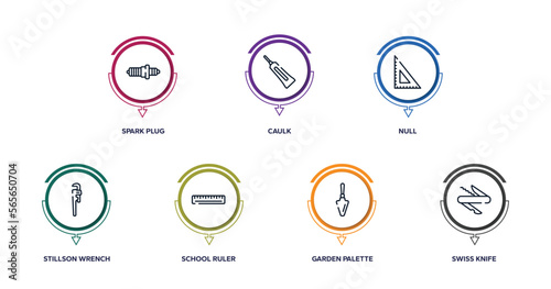 construction outline icons with infographic template. thin line icons such as spark plug, caulk, null, stillson wrench, school ruler, garden palette, swiss knife vector.