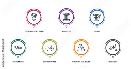 car repair outline icons with infographic template. thin line icons such as ecologic light bulb, oil filter, pedals, micrometer, open compass, dustpan and brush, headlight vector.