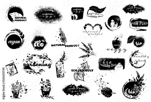 Big collection of bio, vegan, organic, raw, eco and healthy logos, labels, icons and badges. Hand drawn vector set. Black trendy illustration. Great effect structure. Universally usable.