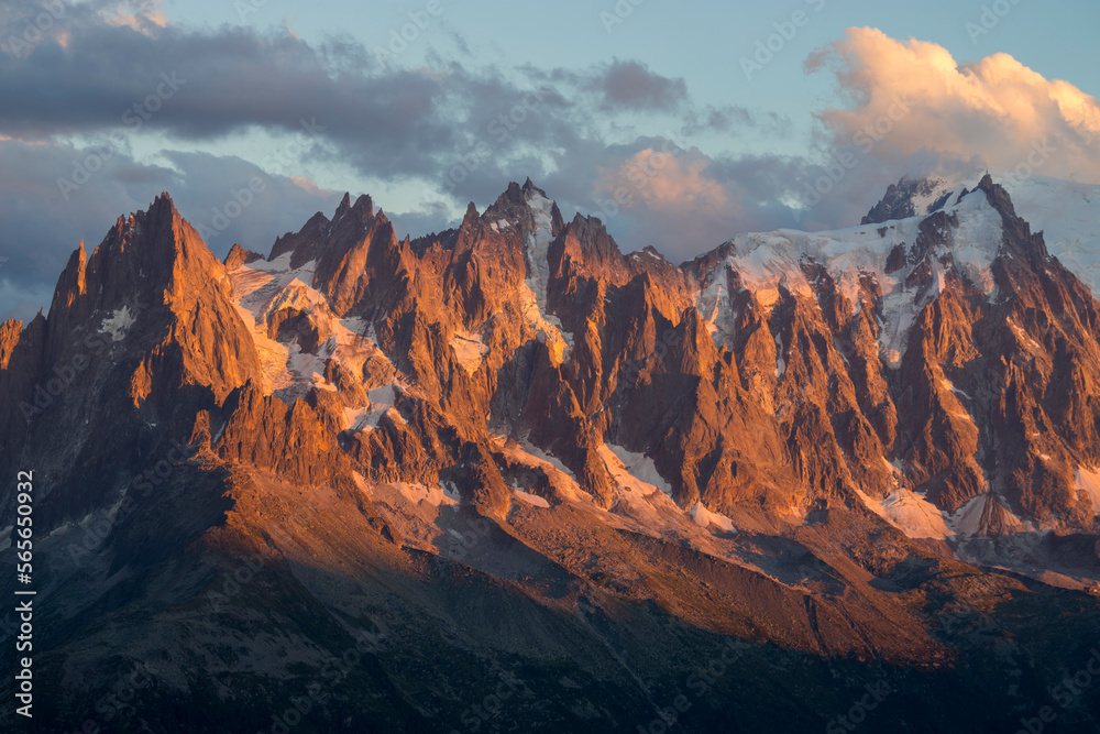 Mountain peaks of the Mont Blanc massif during sunset, French alps, Chamonix-Mont-Blanc, Haute-Savoie, France