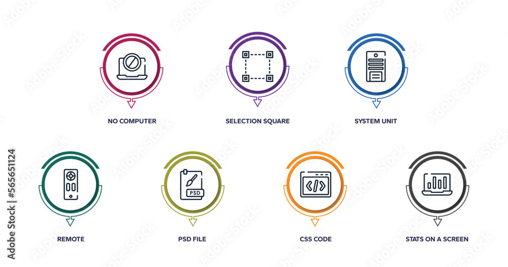 responsive web outline icons with infographic template. thin line icons such as no computer, selection square, system unit, remote, psd file, css code, stats on a screen vector. responsive web outline icons with infographic template. thin line icons such as no computer, selection square, system unit, remote, psd file, css code, stats on a screen vector.