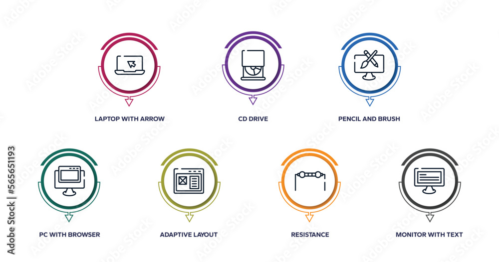 responsive web outline icons with infographic template. thin line icons such as laptop with arrow, cd drive, pencil and brush crossed, pc with browser, adaptive layout, resistance, monitor text responsive web outline icons with infographic template. thin line icons such as laptop with arrow, cd drive, pencil and brush crossed, pc with browser, adaptive layout, resistance, monitor text
