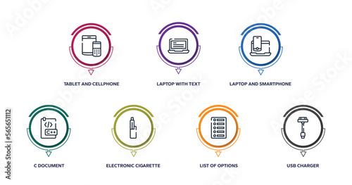 devices outline icons with infographic template. thin line icons such as tablet and cellphone, laptop with text, laptop and smartphone, c document, electronic cigarette, list of options, usb charger