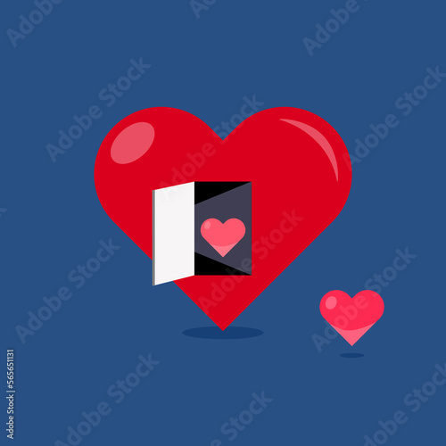 Open the door of the heart with light inside and a small heart behind the door to a big heart outside the door. Two hearts looking for each other. Love or Valentine's day concept.